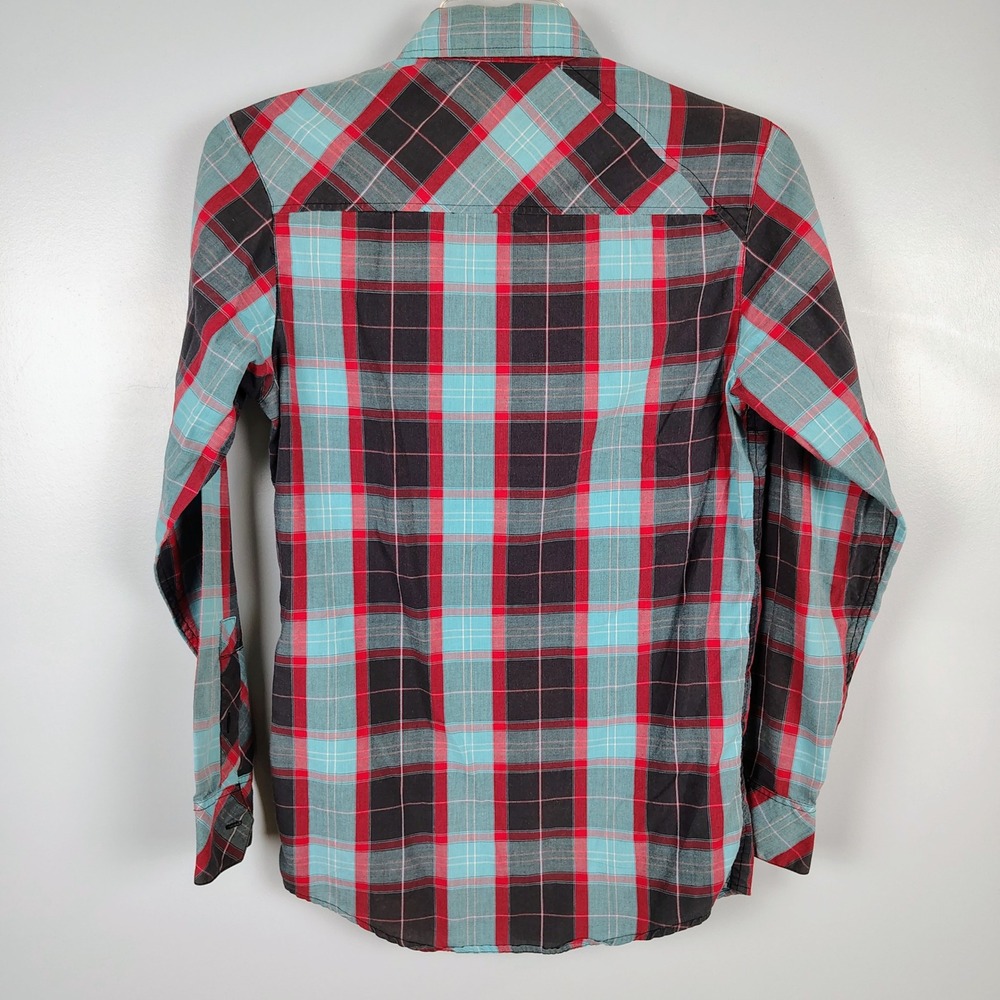 Mens S Amplify Plaid Button Down Shirt Red Teal Cotton Blend Gorpcore Grunge - Picture 6 of 9